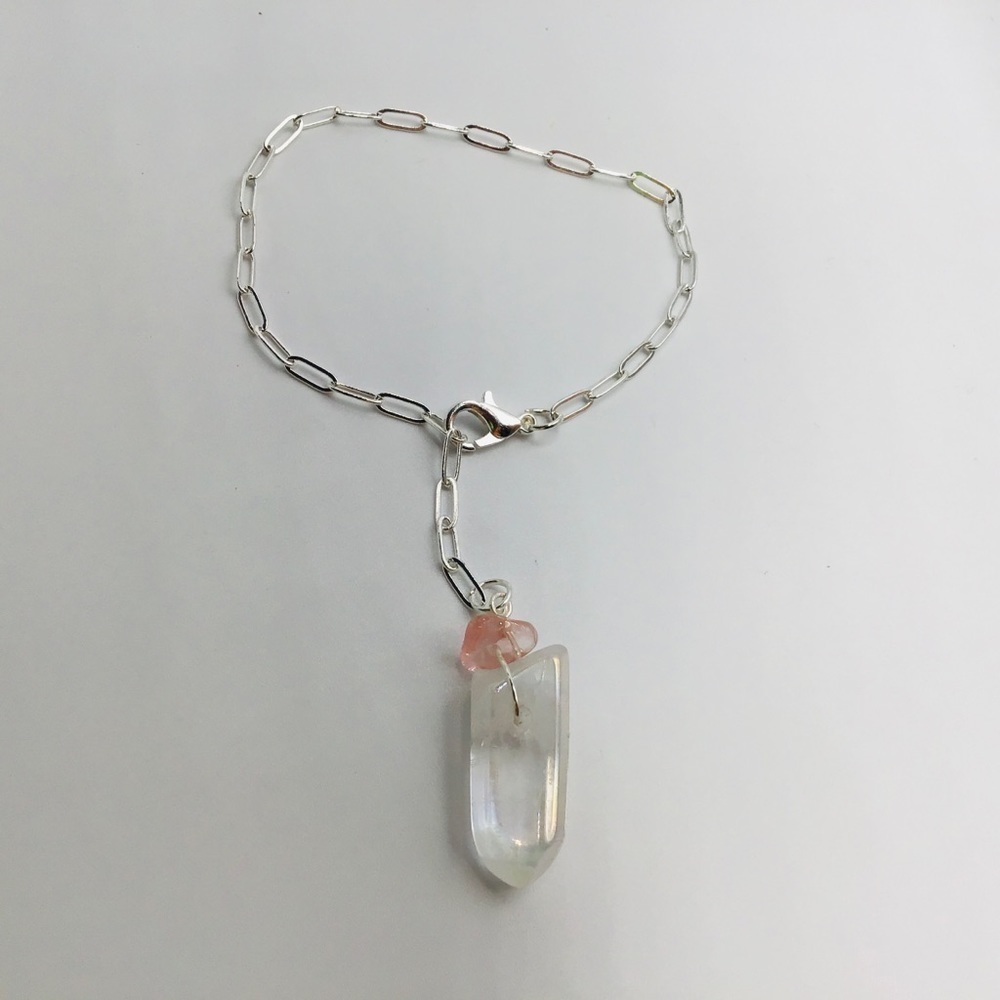 CHAIN Bracelet Quartz AB Crystal Point Rose Gems Paper Clip Link Silver Tone